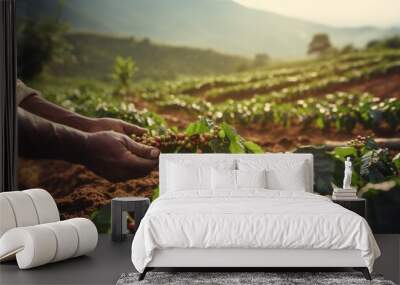 Coffee plantation with hands during harvest season, with rows of coffee plants Wall mural