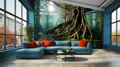 Roots of aquatic plants underwater Wall mural