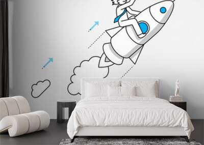 businessman flying on rocket. modern illustration in linear style infographics. Wall mural