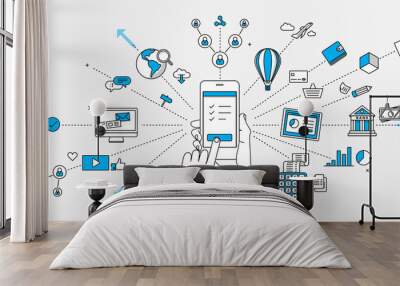 connected on mobile device infographics. internet of things concept. modern illustration in linear s Wall mural