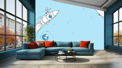 Startup company rocket launch concept. Man flying on rocket to the moon. Modern illustration in linear style. Wall mural