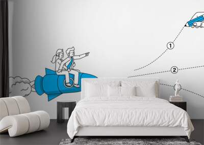 Which way? Young couple flying on the rocket making a decision. Modern illustration in linear style. Wall mural