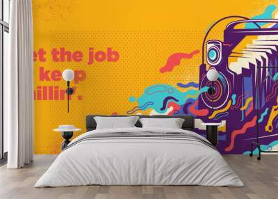 Abstract graffiti design with vintage photo camera and colorful splashing shapes. Vector illustration. Wall mural