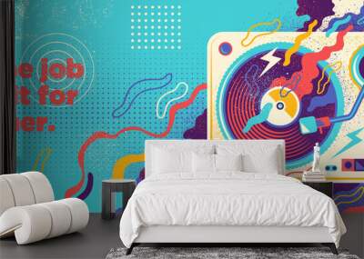 Abstract grungy style background design with gramophone and colorful splashing shapes. Vector illustration. Wall mural