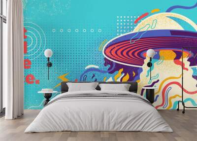 Abstract lifestyle graffiti design with UFO and colorful splashing shapes. Vector illustration. Wall mural