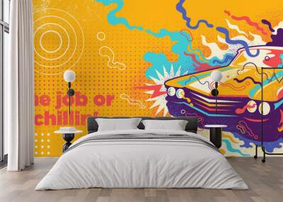 Colorful abstraction with retro car and various splashing shapes. Vector illustration. Wall mural