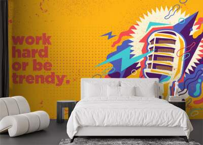 Colorful background in abstract style with retro microphone and splashing shapes. Vector illustration. Wall mural