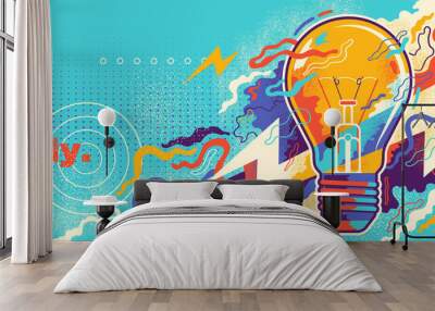 conceptual abstract illustration in grangy style, with light bulb and colorful splashing shapes. vec Wall mural