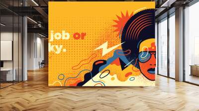 Funky style abstract illustration with female portrait and colorful splashing shapes. Vector illustration. Wall mural