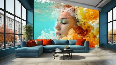 A fearless swimmer dives into a sea of vibrant colors, her determined face reflecting the grace and strength of the human spirit Wall mural