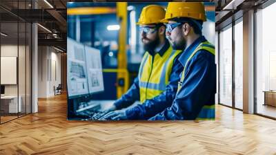 A team of hard-working men in their blue-collar attire, donning hard hats and high-visibility clothing, huddle around a computer screen with intense focus and determination as they work on an enginee Wall mural