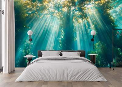 A tranquil forest scene captures the beauty of nature as the sun's rays filter through the water, illuminating the lush trees and plants in a picturesque landscape Wall mural