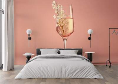 Champagne glass with spring flowers against pink background, Minimal season party concept. 
Generative AI Wall mural