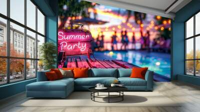 Neon 'Summer Party' sign at a pool party with festive ambiance and people in the background Wall mural