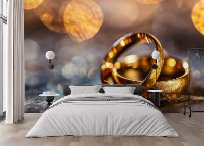 This image shows two golden wedding rings on a glittering background symbolizing love and marriage Wall mural