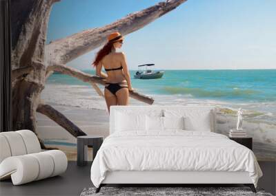 Beach woman fit body back view at Lovers Key State Park Florida beaches Wall mural