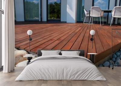 Ipe wood deck, modern house design with wooden patio, low angle view of tropical hardwood decking Wall mural