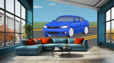 Blue car on the road. Modern and fast vehicle racing under the blue sky. Super design concept of luxury automobile. Vector illustration Wall mural