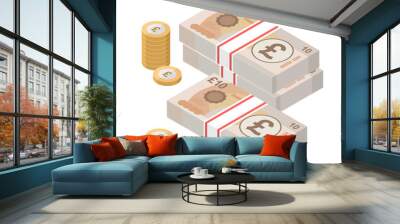 Isometric stacks of 10 pound sterling banknotes and coins. British money. Currency. Vector illustration. Wall mural