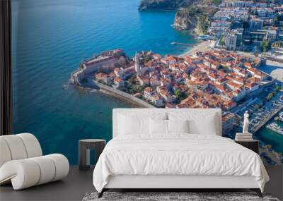 Old Town Budva. Aerial view from sky Wall mural