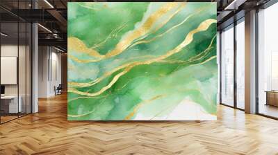 abstract watercolor background illustration pastel green color and gold marble lines generative Wall mural