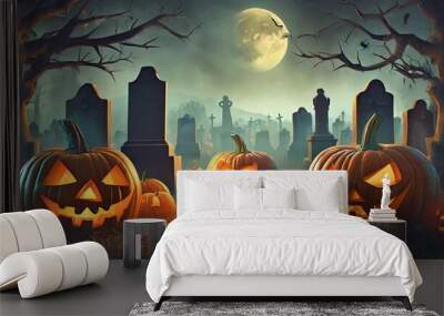 happy halloween background spooky scene creepy dark night jack o lantern pumpkins and spooky graves on graveyard ghosts horror gothic evil cemetery landscape mysterious night moonlight backdrop Wall mural