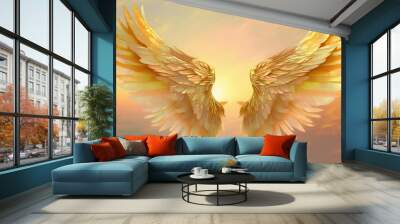 pair of gold wings and feathers isolated on background Wall mural