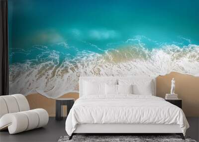 top view on sea wave with white foam and light beige sand fluid pour drawing of epoxy resin summer sunny beach painting seascape blue azure turquoise color of water shore Wall mural