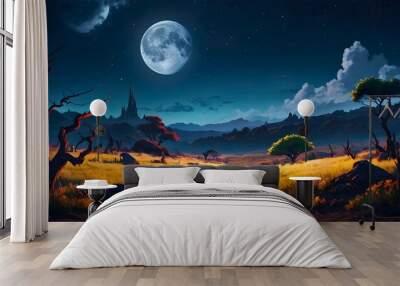 A beautiful animated night, showing the charms of a beautiful landscape that stretches into the distance. Wall mural