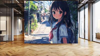 A girl heading to her school carrying a backpack and wearing her school uniform, an animated girl. Wall mural