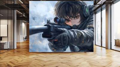 A girl who became a soldier to defend her homeland, holding a rifle in her hand. Wall mural