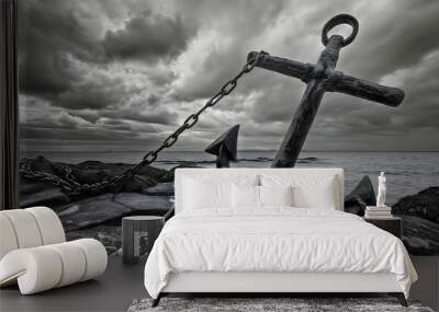 A large marine anchor made of pure steel, held by steel cables; this anchor is used for anchoring ships. Wall mural