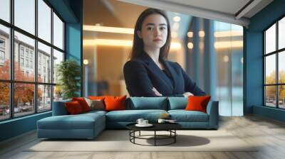 A woman in a business suit with her arms crossed, demonstrating her status and power. She is a corporate advisor who has reached this position through her knowledge and expertise. Wall mural