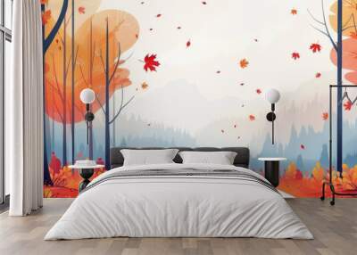 Dense maple forest, national park in autumn, flat design illustration Wall mural