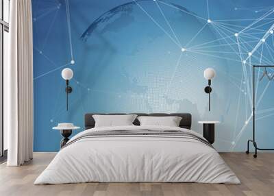 Abstract futuristic network shapes. High tech background, connecting lines and dots, polygonal linear texture. World globe on gray. Global network connections, geometric design, dig data concept. Wall mural