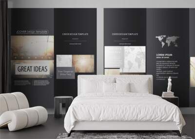 The black colored minimalistic vector illustration of the editable layout of two creative tri-fold brochure covers design templates. Global network connections, technology background with world map. Wall mural