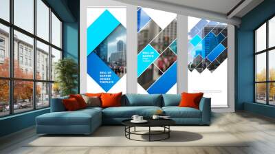 The vector illustration of the editable layout of roll up banner stands, vertical flyers, flags design business templates. Abstract geometric pattern creative modern blue background with rectangles. Wall mural