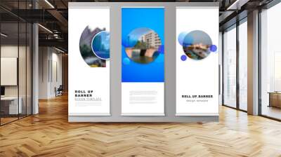 The vector illustration of the editable layout of roll up banner stands, vertical flyers, flags design business templates. Creative modern blue background with circles and round shapes. Wall mural