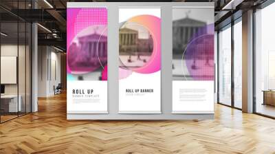 The vector illustration of the editable layout of roll up banner stands, vertical flyers, flags design business templates. Creative modern bright background with colorful circles and round shapes. Wall mural