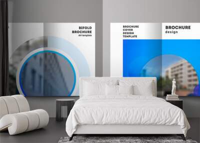 The vector layout of two A4 format modern cover mockups design templates for bifold brochure, magazine, flyer, booklet, annual report. Creative modern blue background with circles and round shapes. Wall mural