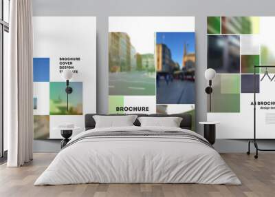 Vector layout of A4 cover mockups design templates for brochure, flyer layout, booklet, cover design, book design, brochure cover. Abstract project with clipping mask green squares for your photo. Wall mural