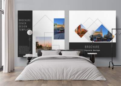 Vector layout of two square format covers design templates with geometric simple shapes, lines and photo place for brochure, flyer, magazine, cover design, book, brochure cover. Wall mural