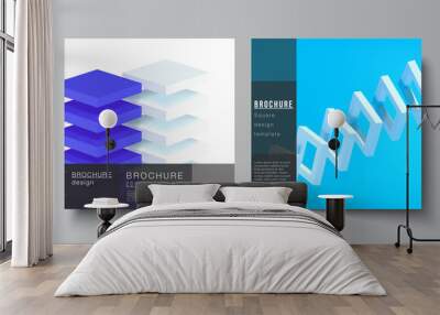 Vector layout of two square format covers templates for brochure, flyer, cover design, book design, brochure cover. 3d render vector composition with dynamic realistic geometric blue shapes in motion. Wall mural