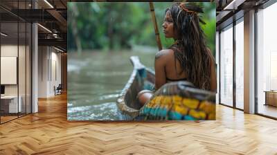 Amazon indigenous woman with canoe in a river Wall mural