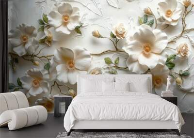 background of a wall with decoration of a relief of white flowers Wall mural