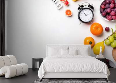 A clock surrounded by fruits and vegetables on a white background. Generative ai Wall mural