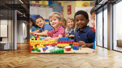 Adorable children drawing together at table indoors. Kindergarten playtime activities. ai generative Wall mural