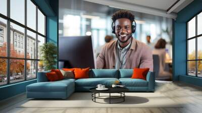 African Man wearing headphones and working with laptop, smiling and looking at camera. AI Generative Wall mural