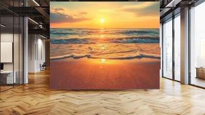 An image of a vibrant sunset over a serene lake, with colorful reflections shimmering on the water Wall mural