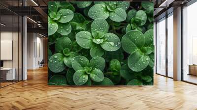 Fresh oregano with water drops on dark background, top view. AI Generative Wall mural